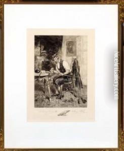A Scottish Golfer Cleaning His Clubs - Etching, Signed Proof Oil Painting - Walter-Dendy Sadler