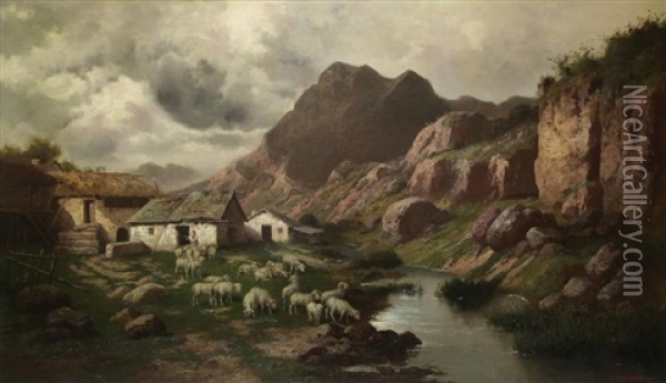 Flock Of Sheep In Landscape Oil Painting - John Califano
