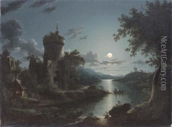A Moonlit Castle On A Riverbank Oil Painting - Henry Pether