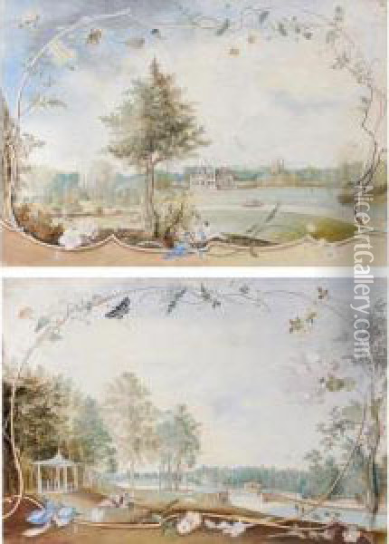 The Grounds At Honington Hall, Warwickshire, Showing The South And West Fronts; The Grounds Of Honington Hall, Warwickshire, Showing The Ornamental Water Designed By Sanderson Miller Oil Painting - Thomas Sen Robins