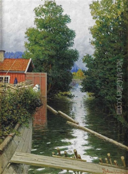 A Scandinavian Waterway Oil Painting - Hjalmar Johnssen