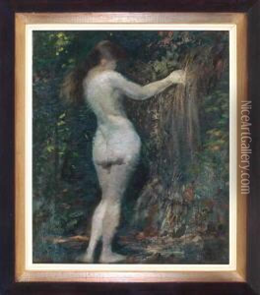 Junger Weiblicher Ruckenakt An Einer Quelle Im Waldinneren Oil Painting - Adolf Erbsloh