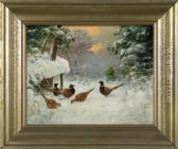 Pheasants On Snow Oil Painting - Otto Scheuerer
