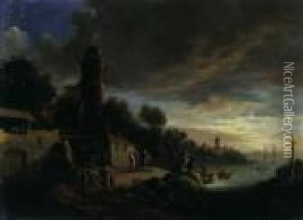 Zwei Landschaften. Sonnenaufgang Und Sonnenuntergang. Oil Painting - Peter Von Bemmel