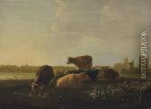 Cattle Resting On The Banks Of The Maas With Dordrecht Beyond Oil Painting - Aelbert Cuyp