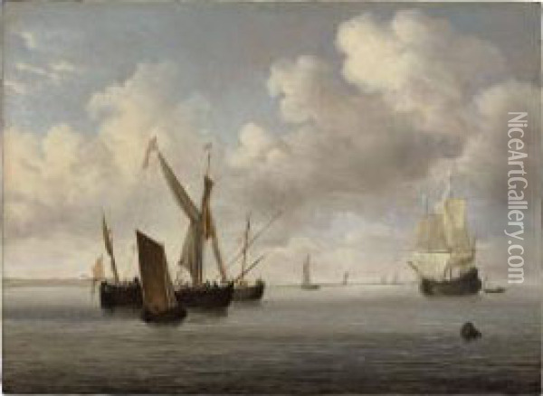 A Galjoot And A Smalschip At Anchor Approached By A Small Kaag Oil Painting - Willem van de, the Elder Velde