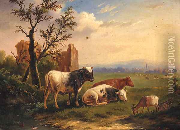 Cattle With A Goat In A Meadow Oil Painting - Charles Desan