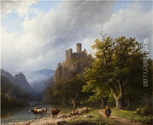 A Mountainous Landscape With Figures And Cattle By A Valley Stream Oil Painting - Barend Cornelis Koekkoek