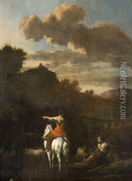Troupeau De Moutons A La Riviere Dans Un Paysage D'italie Oil Painting - Adrian Van De Velde