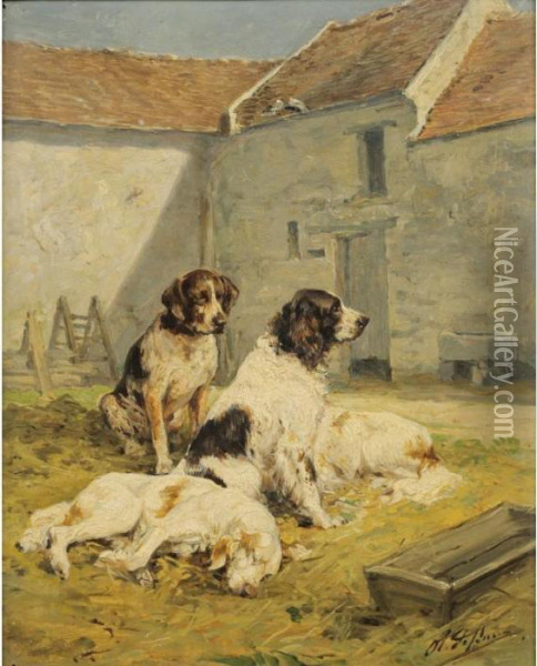 Chiens Dans Une Cour De Ferme [; Dogs In The Courtyard Of A Farm, Oil On Panel, Signed.] Oil Painting - Charles Olivier De Penne