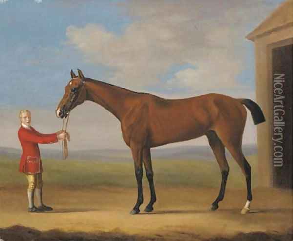 Sir Patrick Blake's Sir Anthony held by a groom by a stable in a landscape Oil Painting - Francis Sartorius