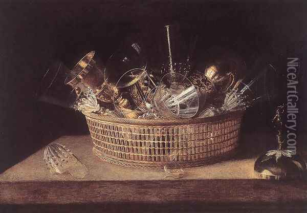Still-Life of Glasses in a Basket Oil Painting - Sebastien Stoskopff