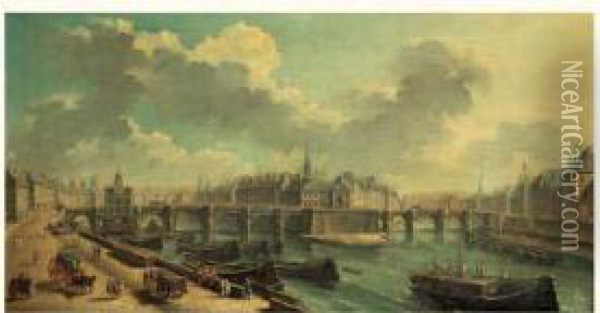 Vue Du Pont Neuf Avec La Samaritaine, Et L'ile De La Cite Oil Painting - Nicolas Jean-Bapt. Raguenet