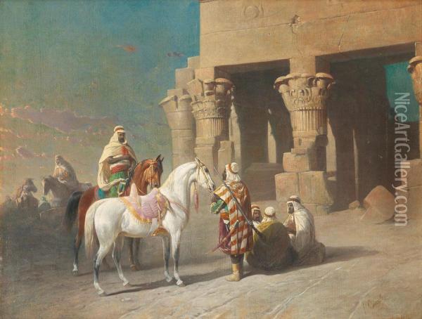 Halte De Cavaliers Devant Le Temple D'edfou. Oil Painting - Felice Cerruti-Beauduc