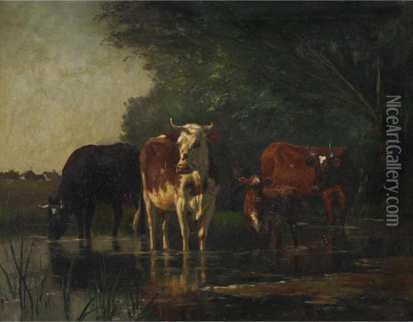 Cattle And Their Calf Watering In A Farm Pasture Oil Painting - Joseph Foxcroft Cole