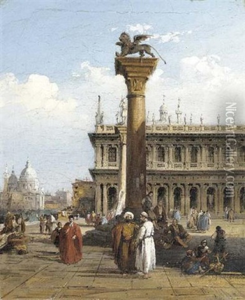 Figures In The Piazzetta, Venice, With San Salute Beyond Oil Painting - Edward Pritchett