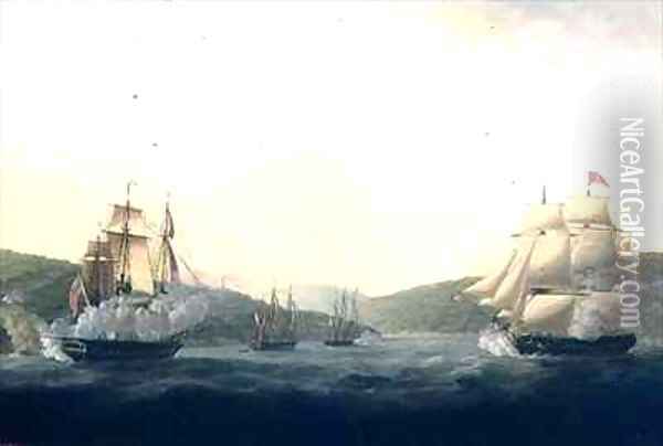 Attack on the French frigate Aimable and the French sloop Ceres by two British frigates under Lord Hood in the Mona Passage between Puerto Rico and Santo Domingo Oil Painting - Captain William Elliot