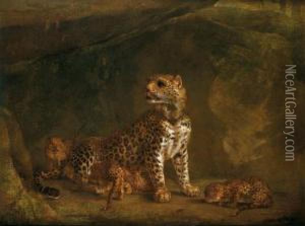Leopard Et Ses Petits Oil Painting - Jean Baptiste Berre