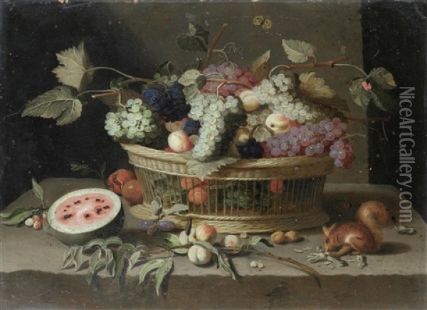 A Basket Of Grapes, Plums And Peaches, With A Melon And A Squirrel Eating Nuts On A Stone Ledge (+ A Wan-li Kraak Bowl Filled With Tulips, Roses, Narcissi And Other Flowers, With A Parrot On A Stone Ledge; Pair) Oil Painting - Jan van Kessel the Elder