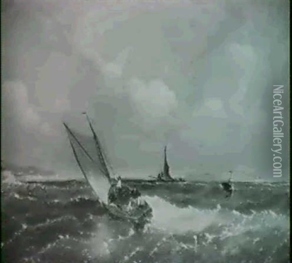 Ships On Rough Seas Off The Coast Oil Painting - James Meadows Snr