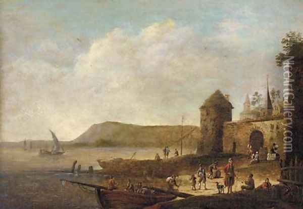 A coastal inlet with figures on the shore near a town Oil Painting - Pieter Bout