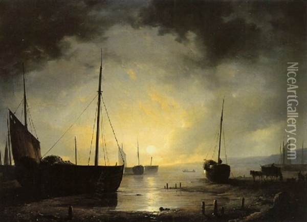 Beached Fishing Boats By Moonlight Oil Painting - Remigius Adrianus van Haanen