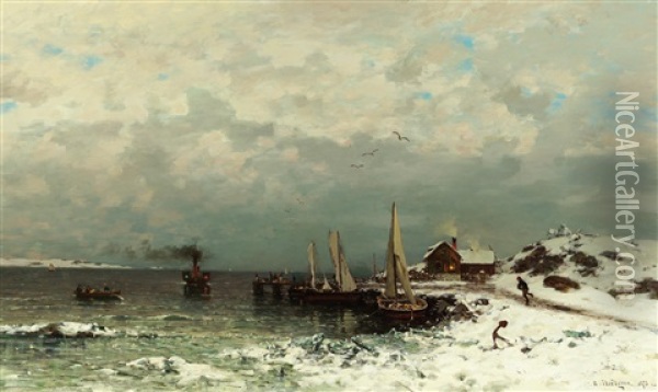 Fishing Port In Winter With Steamboat Oil Painting - Axel Wilhelm Nordgren