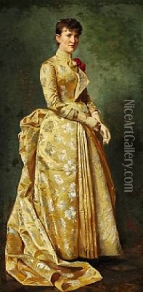 Portrait Of Anna Helen Eybe Married To Barrister Eybe, In A Yellow Evening Gown Oil Painting - Erik Ludwig Henningsen
