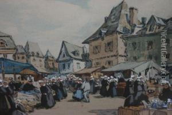 A Pair Of Prints Depicting Market Scenes Oil Painting - Henri Alphonse Barnoin