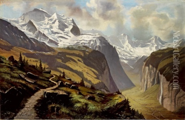 Blick Ins Lauterbrunnental Mit Wengernalp, Jungfrau, Gross- Und Breithorn Oil Painting - Matthaeus Schild-Bichsel