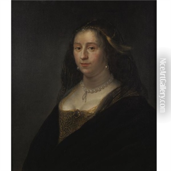 Portrait Of A Woman Wearing A Pearl Necklace Oil Painting - Daniel De Koninck