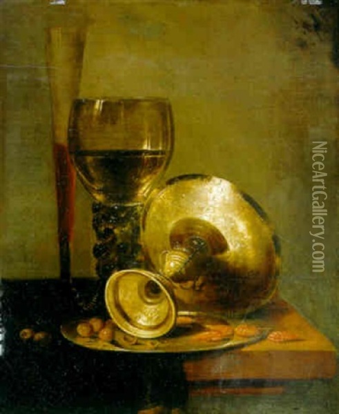 A Roemer, Tall Wineglass, An Overturned Silver Tazza, On A Draped Table Oil Painting - Jacobus van der Hagen