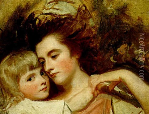 Portrait Of Mrs. Canning And Her Daughter Oil Painting - George Romney