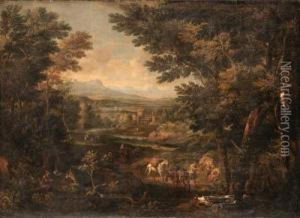 An Extensive Italianate River 
Landscape With Travellers Andpackmules On A Track, A Villa Beyond Oil Painting - Christian Reder