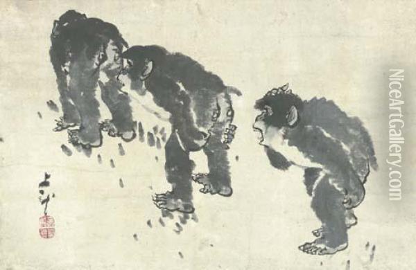 Three Monkeys Oil Painting - Mihata Joryu