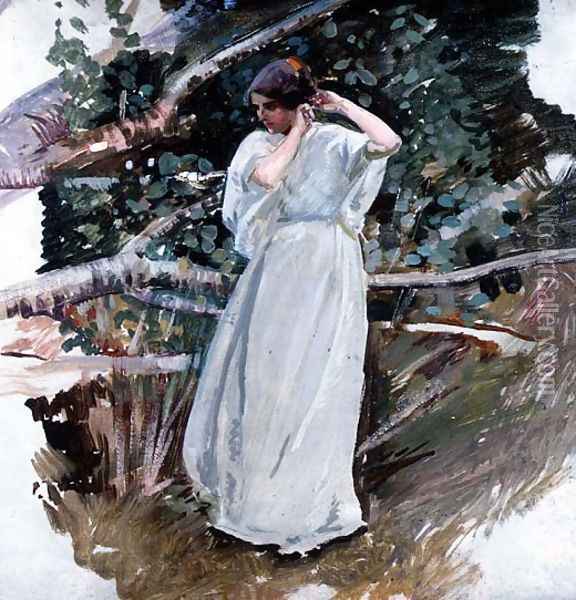Young woman in a long white dress Oil Painting - Harry Watson