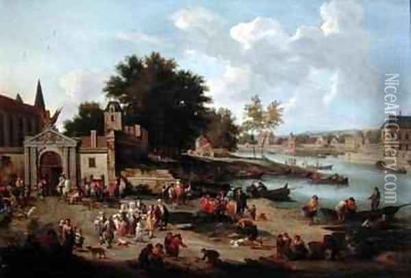 Townsfolk Gathering on the Shore of an Estuary Oil Painting - Boudewyns