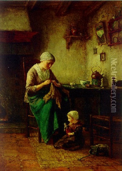 A Serene Cottage Interior Scene With Young Mother And Child Oil Painting - Johannes Jacobus Paling