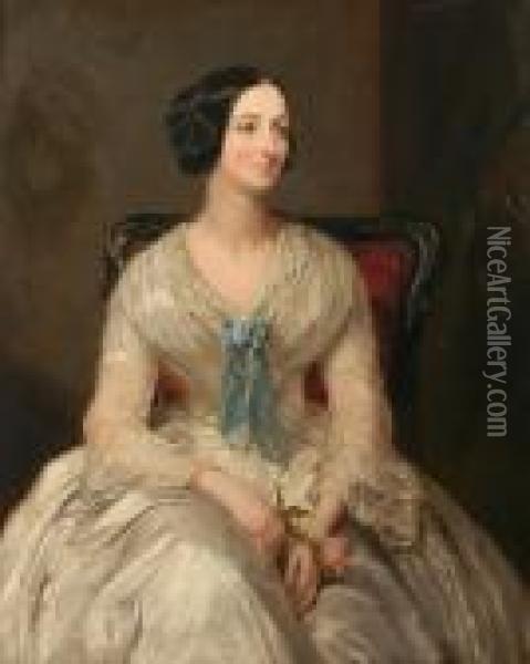 A Portrait Of Mrs Simpson As A 
Young Woman, Seated Three-quarter Length In White Gown And Holding A 
Rose Oil Painting - Margaret Sarah Carpenter