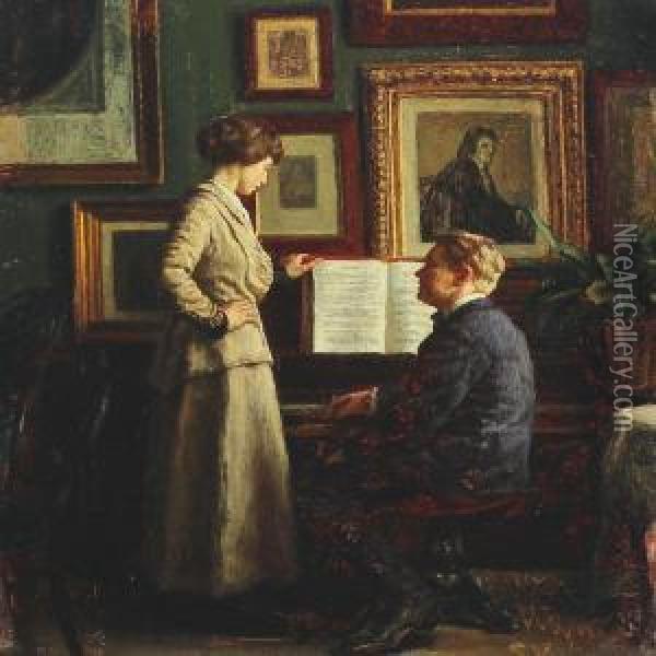 Interior With Woman And Man By A Piano Oil Painting - Sophus Vermehren