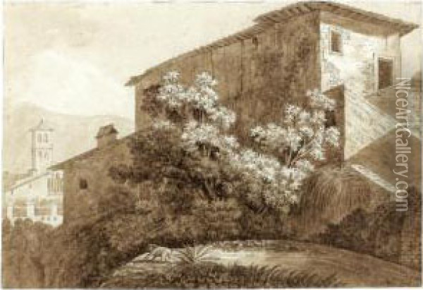 View Of An Italian Villa, With A Man Gardening In The Foreground Oil Painting - Friedrich Salathe