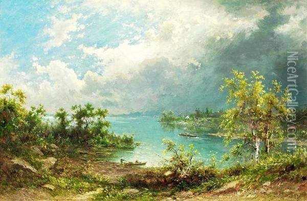 Landscape With Lake And Boats. Signed Sommer Oil Painting - Carl August Sommer