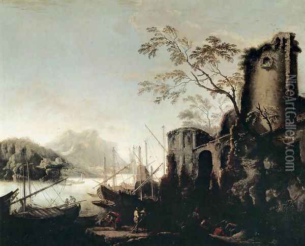 Marine Landscape with Towers Oil Painting - Salvator Rosa