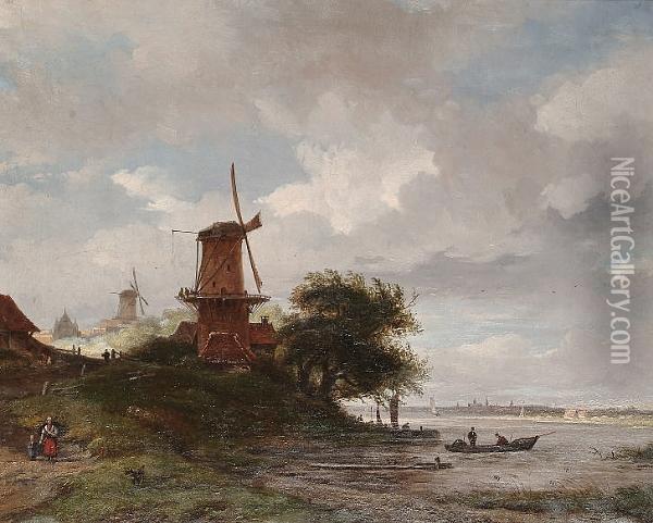 Estuary Scene With Figures Walking Beside The Shore, Windmills Beyond Oil Painting - Arnoldus Johannes Eymer