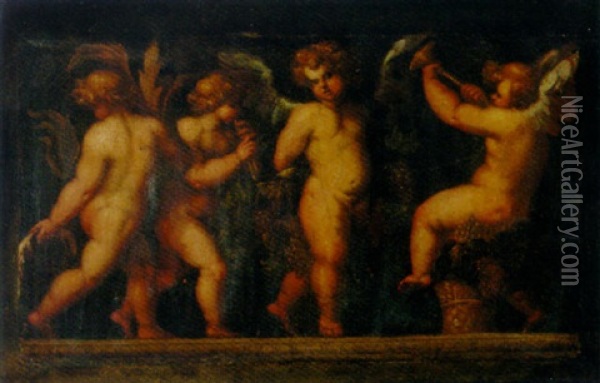 Putti Desporting With Fruit Oil Painting - Polidoro da Caravaggio