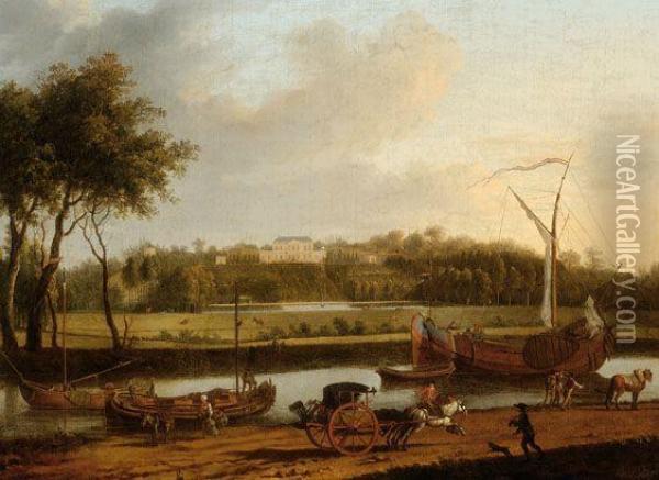 A View Of People Along A Canal With A Country Manor In The Background Oil Painting - Abraham Storck