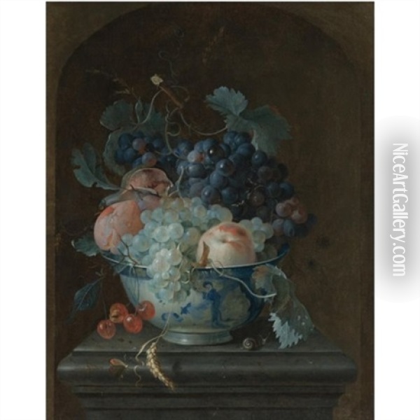 Still Life With Grapes, Cherries, Peaches And A Fig In A Porcelain Bowl Resting On A Ledge Before A Stone Niche Oil Painting - Coenraet (Conrad) Roepel