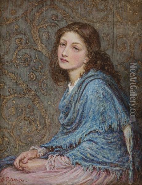 Girl Seated In Blue Oil Painting - Helen Mary Elizabeth Allingham