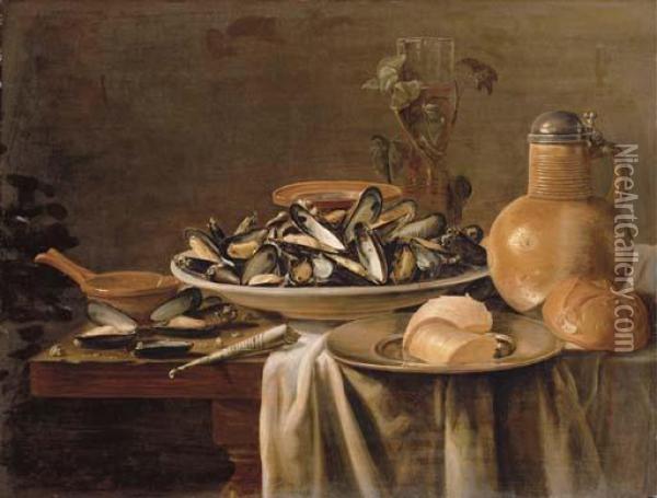 Mussels In A Porcelain Bowl, A 
Stoneware Flagon, A Roemer And A Bread Roll On A Partially-draped Table Oil Painting - Jacob Fopsen van Es