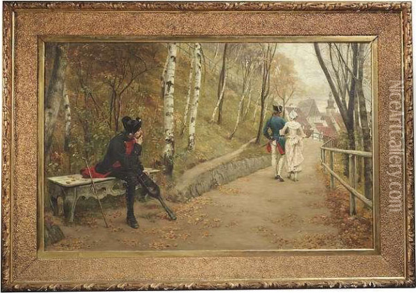 A Disabled Looks Thoughtfully To A Promenading Couple Oil Painting - Karl Gebhardt